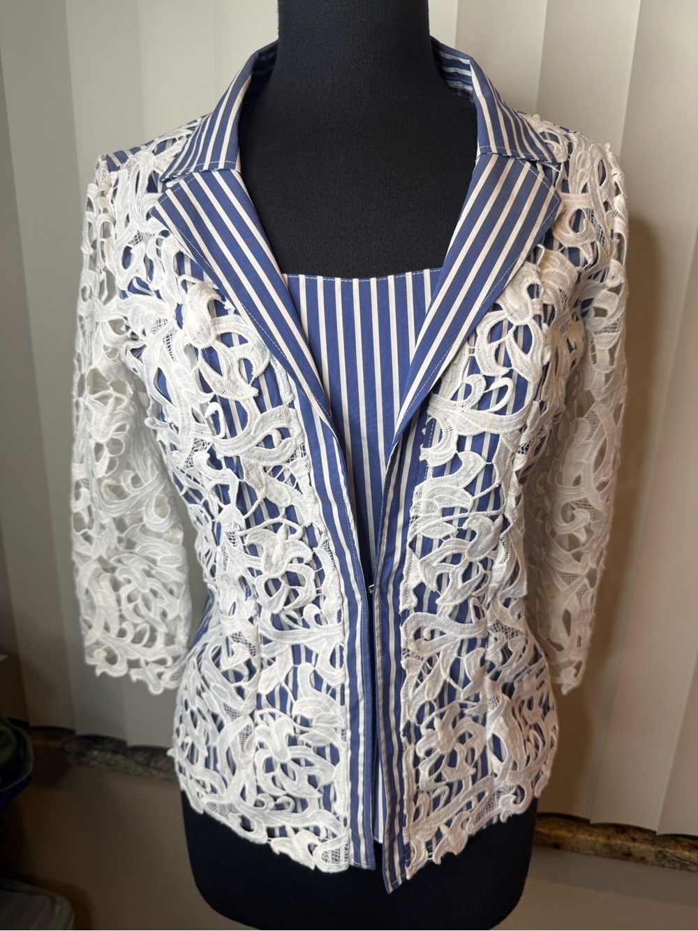NaraCamicie Striped Blue & White Lace Overlay Sleeves Top Size1/ US Small